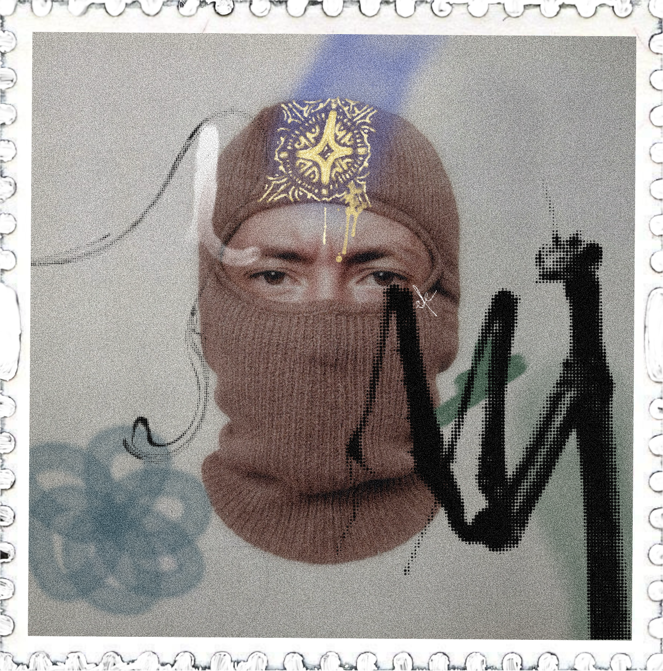 Mixed-media self-portrait composed as a postage stamp