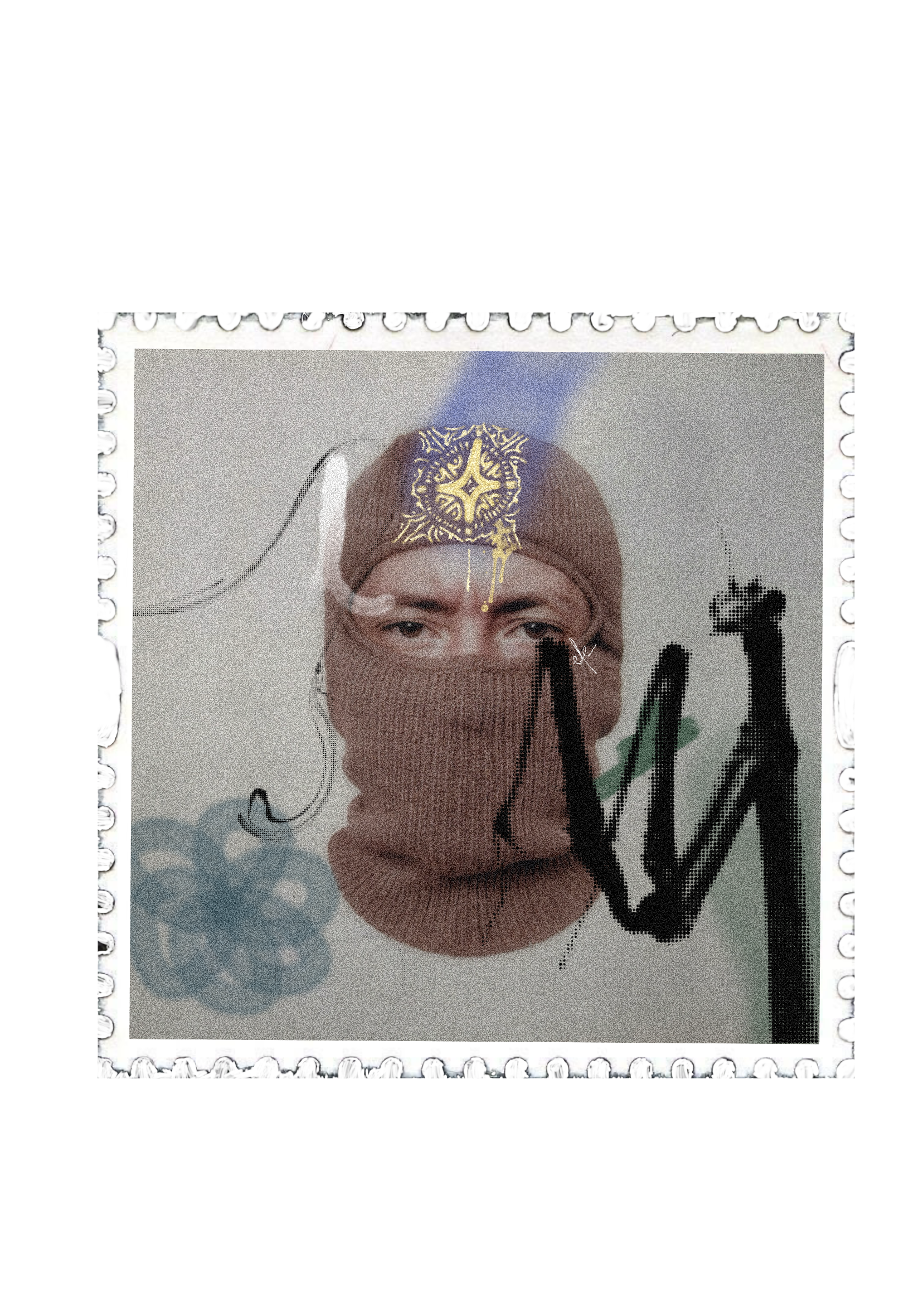 Mixed-media self-portrait composed as a postage stamp